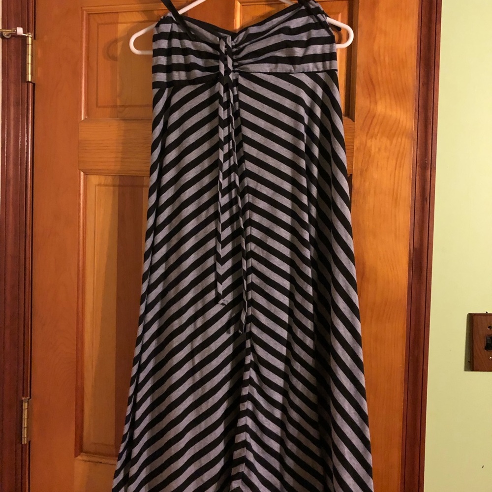 Black and gray striped halter dress